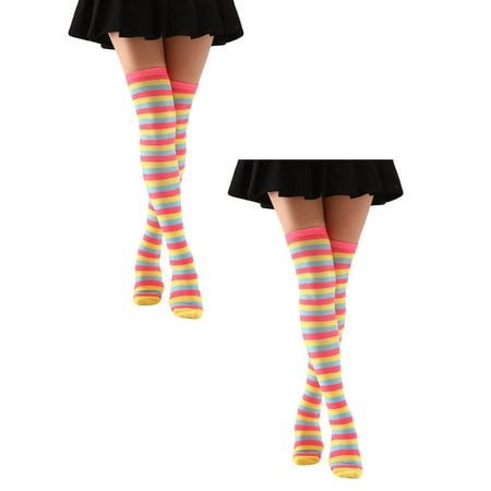 Kcodviy 2Pairs Women Colorful Striped Tights Fishnet Over The Knee Socks Women S Nylon Stockings Warm And Fashionable Stocking Leg Warmers Cute Suspenders Lingerie For Women