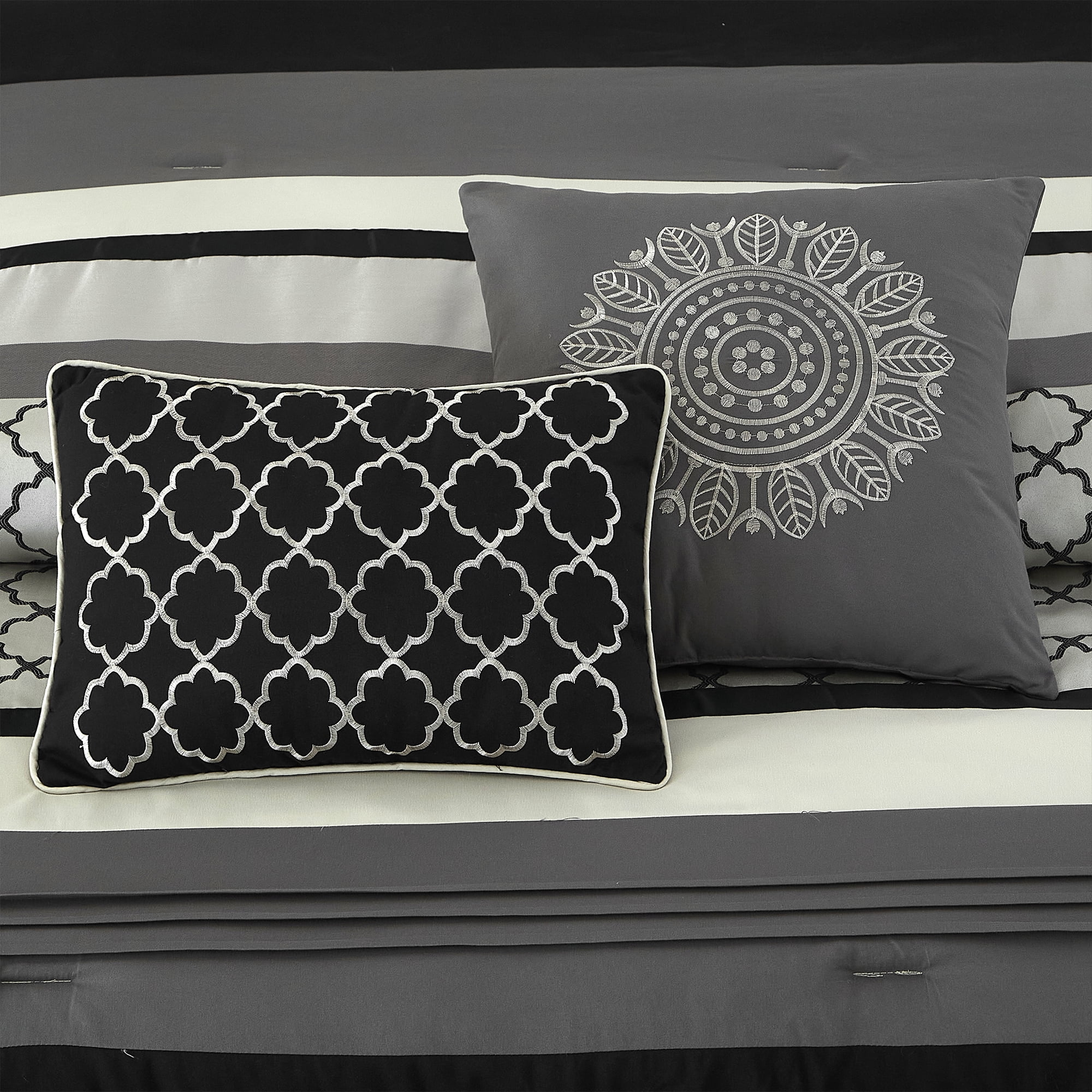 Lanco Moroccan Black/Gray/Off-White, 8-Piece Comforter Set, King, Striped/Geometric