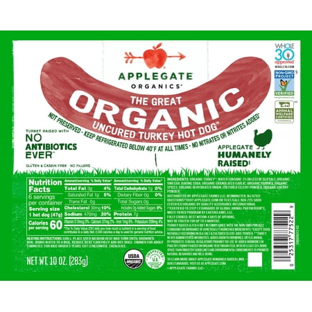 Applegate Organic Uncured Turkey Hot Dog, 10oz, Antibiotic Free, Humanely Raised, No Nitrates, 100 Cals, 6 dogs per pouch