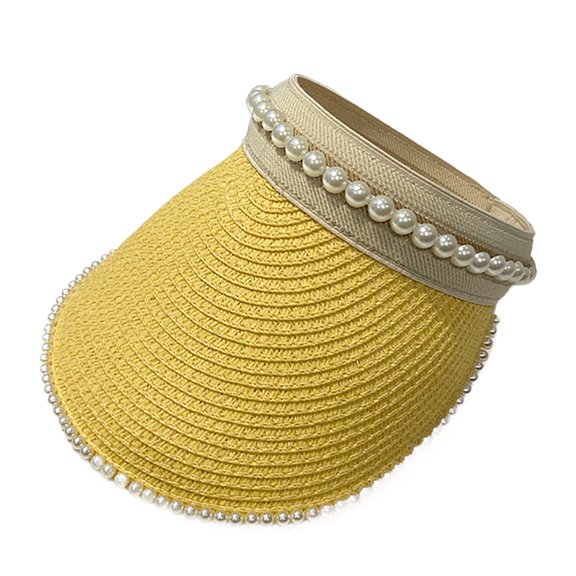 Womens Sun Hat Packable Wide Brim Beach Summer With Decoration Pearl Sun Visors for Women Yellow