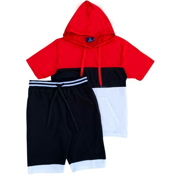 Men’s 2-piece Color block Short Set pullover Hoodie with matching shorts