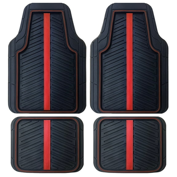 Rally 4-Piece Black with Red Carbon Fiber Stripe and Piping Rubber Floor Mat Set