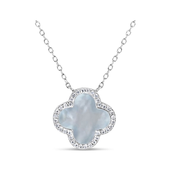 10mm Mother Of Pearl and White Cubic Zirconia Sterling Silver Rhodium Plated Clover Necklace, 16.5"