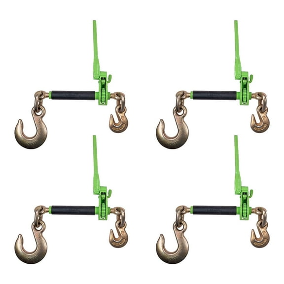 4 Pack 3/8"-1/2" Hi-Viz Green Heavy Duty Folding Handle Ratchet Chain Binder w/ 1/2" Grab & 5/8" Slip Hook 12,000 lbs WLL | Tie Down Hauling Load Chain Binders for Flatbed Trailer