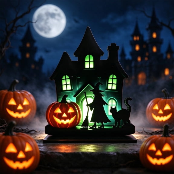 Wooden Haunted House Blow Mold Light Halloween Spooky Mansion Ornament Decor Witch Moon Ghost Haunted House, Wooden Mold Ornament, Warm Decor For Mantel, Entryway, Backyard Nook