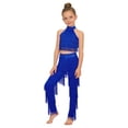 thumbnail image 5 of Sholeno Kids Girls Tassels Latin Dance Suits Halter Neck Sleeveless Crop Top with Pants Tiered Fringe Dancewear Royal Blue 6, 5 of 6