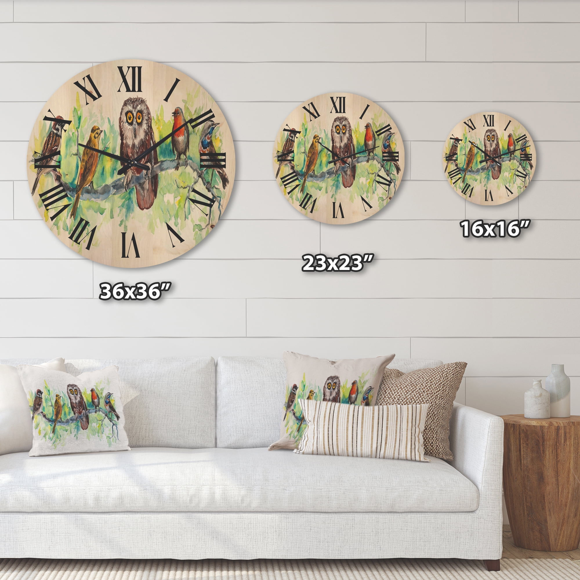 Designart 'Bird Friends With Owl On A Branch' Traditional Wood Wall Clock