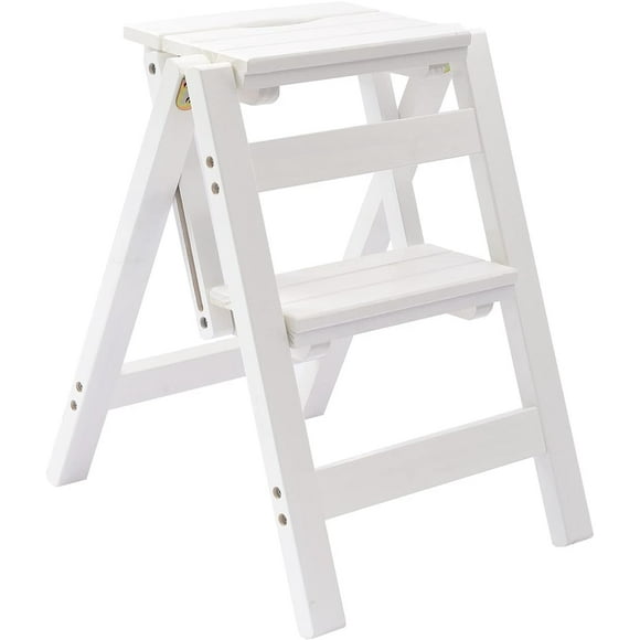 Folding Step Stool Step Ladder 2 Tier, Multi-Functional Folding Solid Wood Ladder Stool, Step Stool Household Muliti-Color Step Ladder Stool for Household and Office 330lbs,White,2step