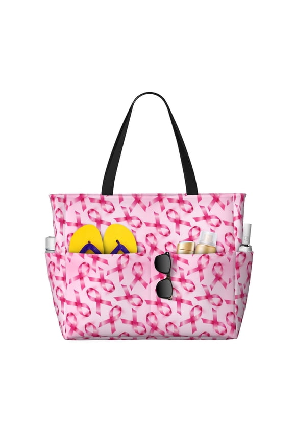 Large Beach Bags Water-resistant Sandproof - Breast Cancer Awareness-Q Cute Beach Tote Bags for Women with Zipper