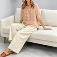thumbnail image 7 of Linen Sets for Women 2 Piece Summer 2026 3/4 Sleeve Embroidered Boho Tops Wide Leg Pants Beach Vacation Outfits Lounge Wear,Beige L, 7 of 7