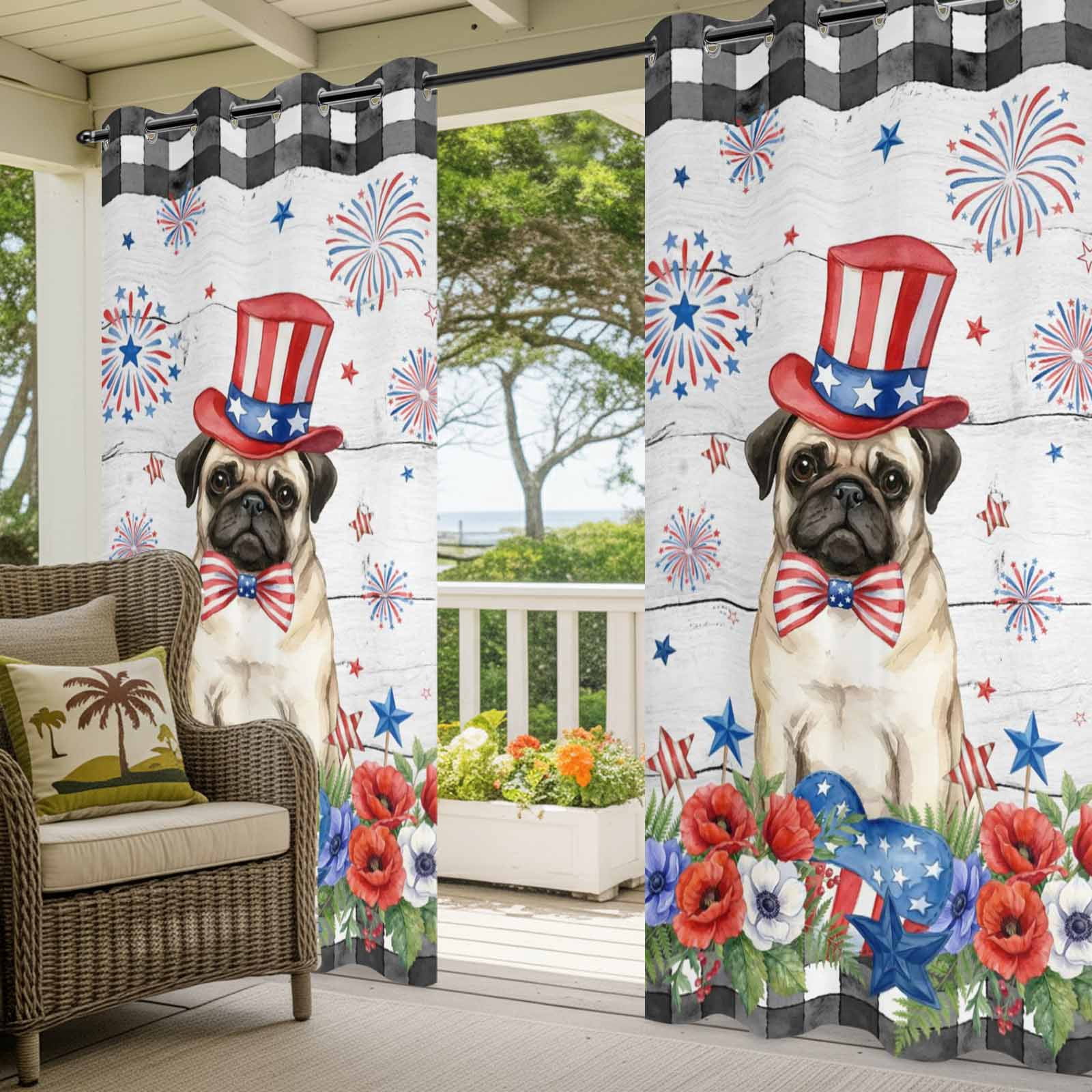 Independence Day Outdoor Curtains for Patio, Cartoon Pug Dog Cute Puppy Colorful Poppy Wood Grain Sunshade Privacy Drapes Grommet Waterproof Outside Curtains for Porch Balcony 54"x108", 2 Panel