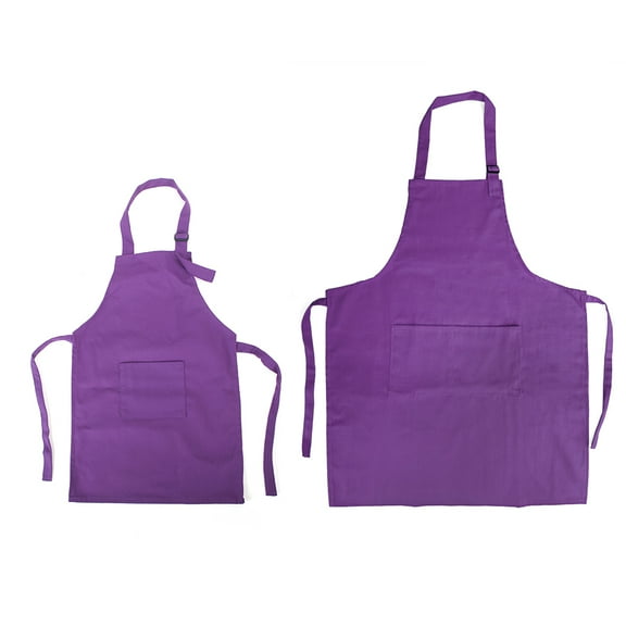 Opromo Colorful Cotton Canvas Kid's & Adult's Aprons with Pocket, Artist Apron & Chef Apron in Set (Purple, 21"L x 13"W/29"L x 24"W)