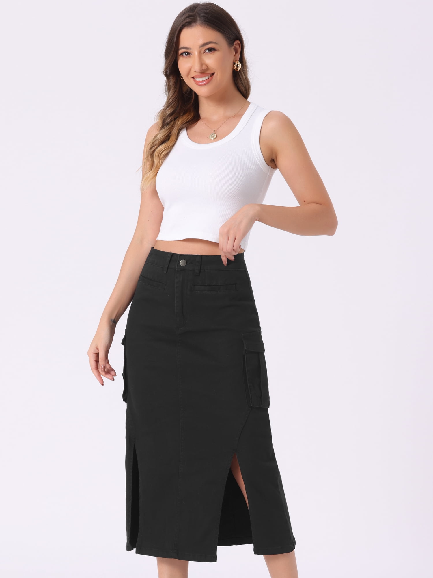 DARING DIVA Women's High Waist Split Hem Midi Denim Cargo Skirt M Black