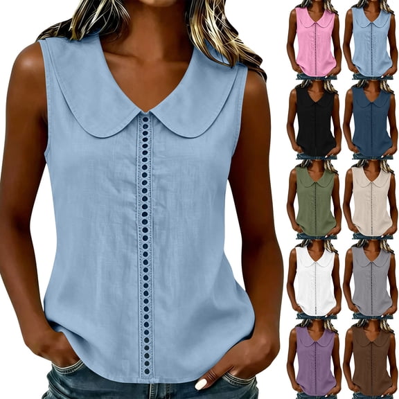 VBVC Women's Peter Pan Collar Sleeveless Tank Top, Ladies' Lightweight Eyelet Lace Trim Blouse, Casual Solid Color Summer Shirt For Women,Army Green,S-2XL
