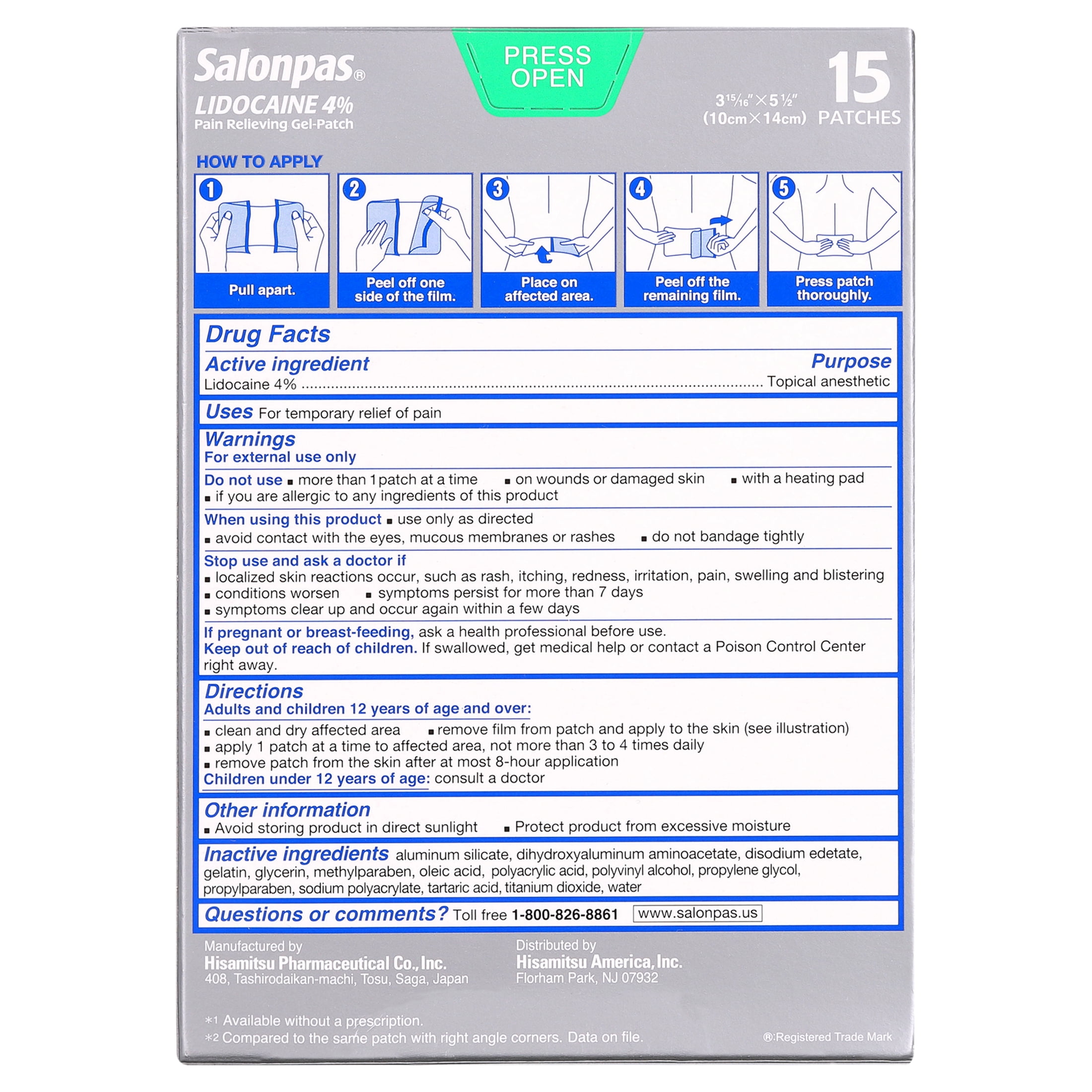 Salonpas 15 Patches Lidocaine 4% Maximum Strength Pain Relieving Gel Patch