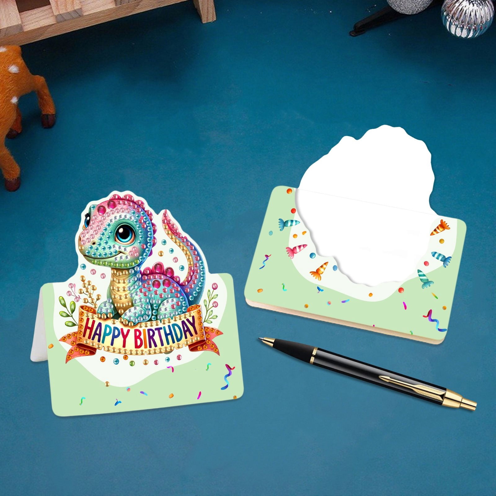 FLOPESN 6Pcs Happy Birthday DIY Diamond Art Painting Greeting Card,3D Folding Card Kit,White 4.5X9.1in Envelopes for Festival Gift-Birthday Dinosaur