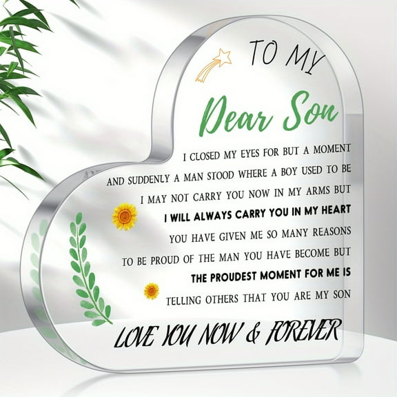 Acrylic Heart-Shaped Nameplate Perfect Gift from Mom to Son Exquisite Crystal Desk Decor for Graduation Birthday Wedding Thank you gift Birthday day Father's Day Christmas Graduation