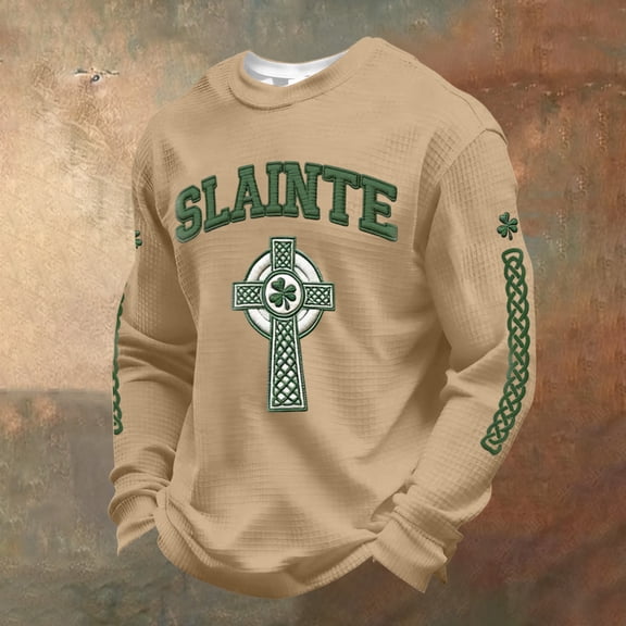 Dwelliawo St. Patricks Day Shirts for Men Printed Waffle Knit Long Sleeve Tees Saint Patrick's Celtic Cross Flag Irish Clover Print T Shirt Crewneck Tops Khaki XL