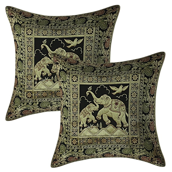 Stylo Culture Ethnic Couch Throw Pillow Covers 16 x 16 Jacquard Black Traditional 40 x 40 cm Home Decor Brocade Elephant Zippered Square Cushion Covers | Set Of 2