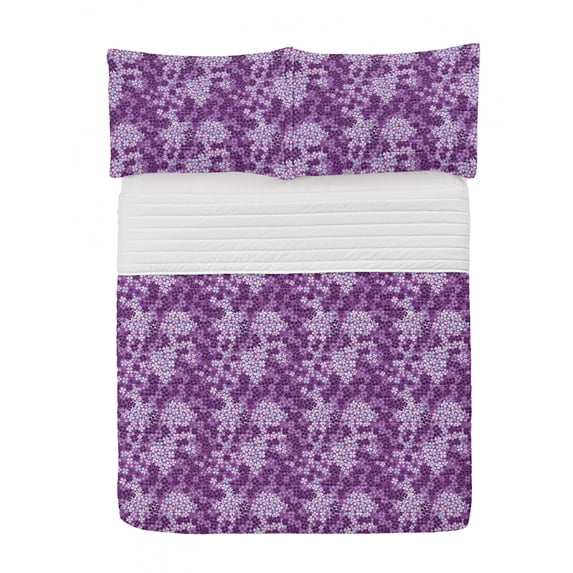Flower Microfiber Bedspread Set, Lilac Flowers Blossoms in Spring Romantic Meadow Happy Fun Countryside Print, Soft Bedding Set with Pillow Shams & Comforter, 3 Sizes, Purple White, by Ambesonne