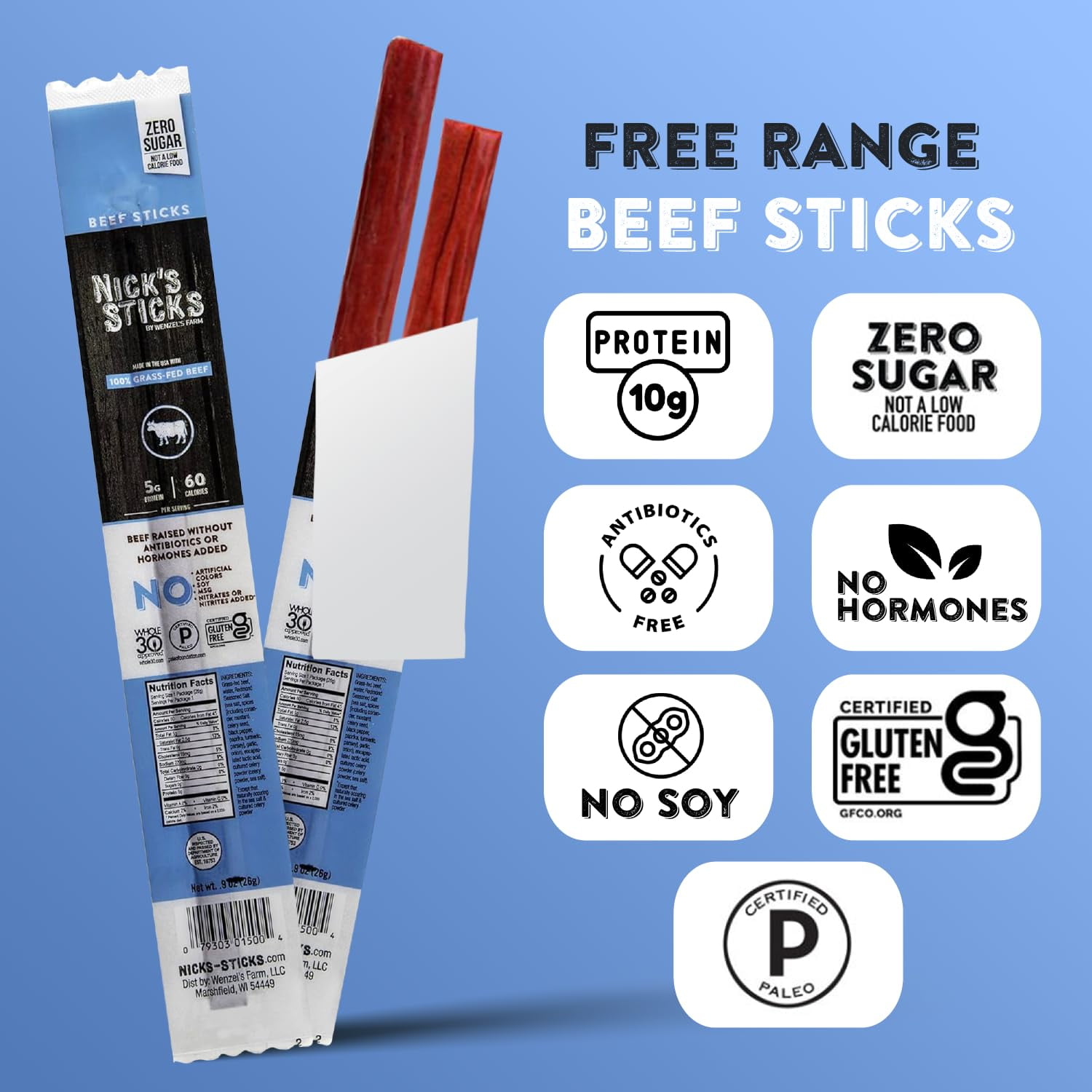 Nick’s Sticks Grass-Fed Beef Snack Sticks, Gluten Free, Keto Certified, Paleo and Whole30 Approved, No MSG, High Protein Low Carb, 25 Twin Packs (1.7 oz each)