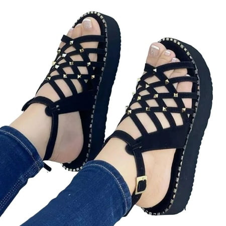 

Women s Thick-soled Sandals with Non-slipped Sole Wear Resistant Shoes for Dresses Jeans Skirts Short Pants Black 43