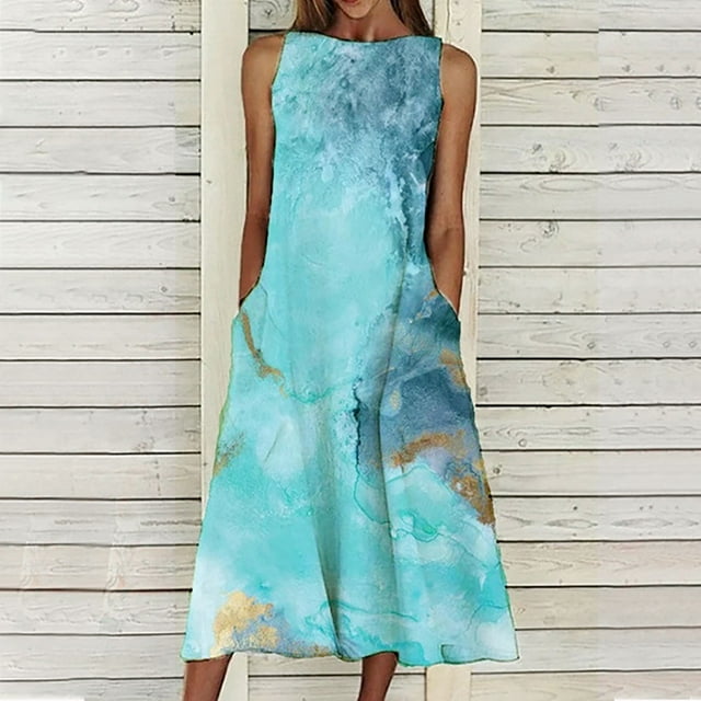 SMihono Robe d'Été pour Femmes Grande Taille Mode Femmes Été Décontractée Imprimé Poche Sans Manches Ample Longue Robe