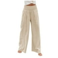 thumbnail image 2 of Women's Smocked High Waisted Cotton Linen Wide Leg Pants Palazzo with Pockets Brown 3XL, 2 of 6