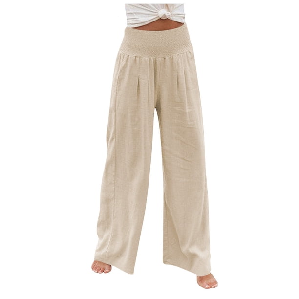 Pantalones largos SCZ de pierna ancha lino algodón cintura alta sueltos casuales mujer caqui S