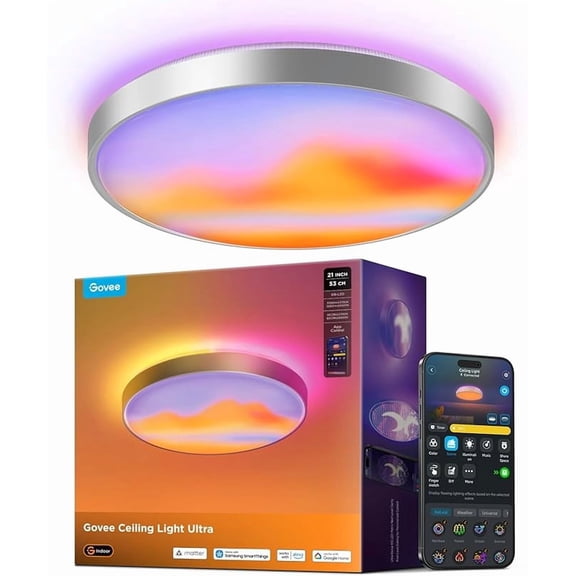 Govee Ceiling Light Ultra 21 Inch, 5000LM Smart Flush Mount Ceiling Light Fixture, Compatible with Matter & Alexa, RGBIC & Tunable White 2700K-6500K, DIY Ceiling Canvas for Bedroom, Living Room