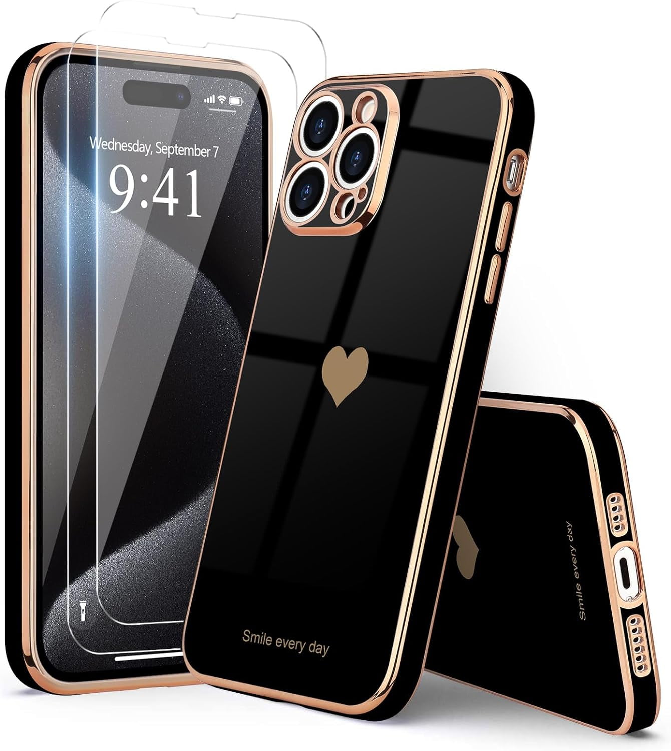 iPhone15 / black 【dress HEART 】 Black Lovely Minimalist Repeated Heart iPhone 15 14 Tough