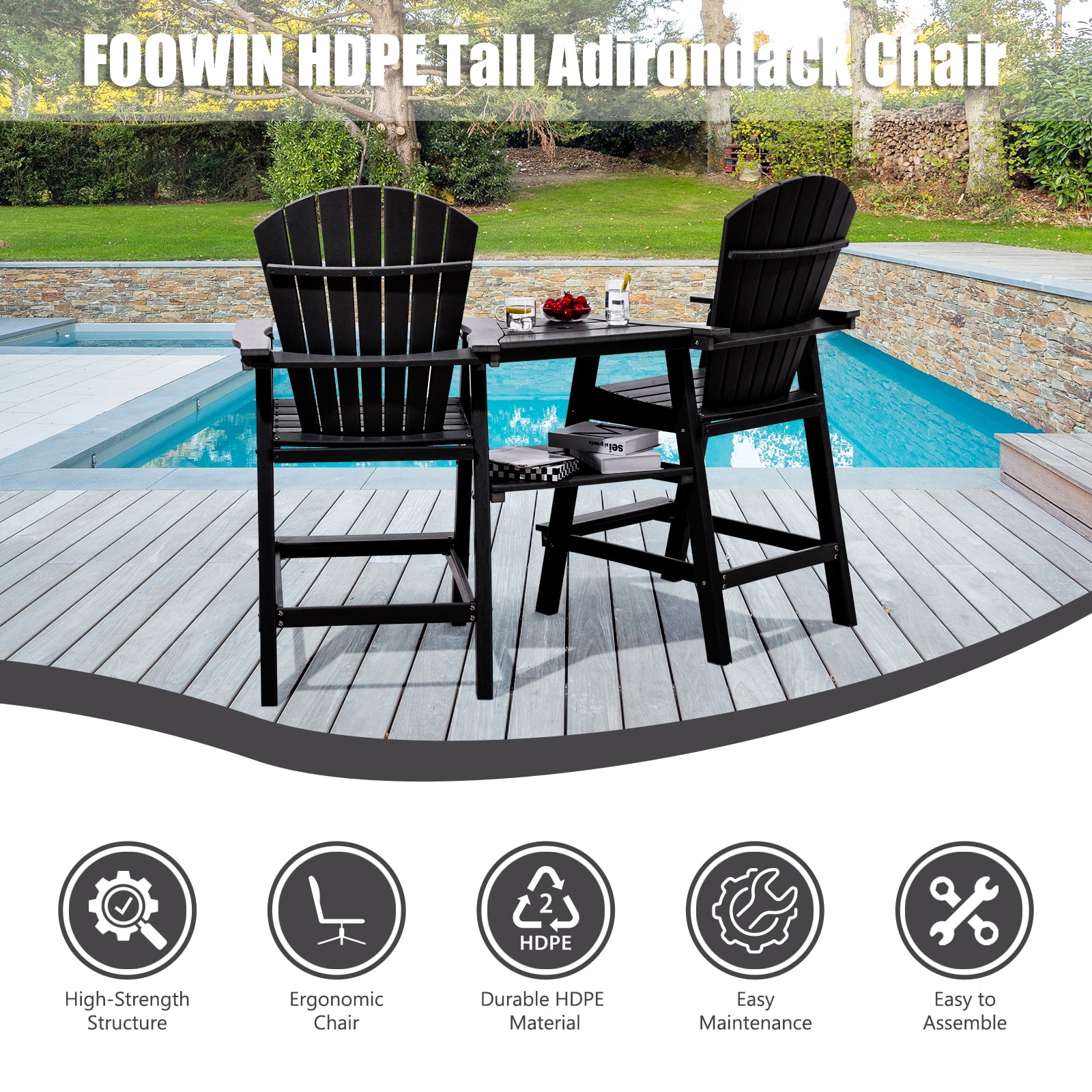 Tall Adirondack Chairs Set of 2，HDPE Outdoor Adirondack Barstools with Double Connecting Tray Patio Stools Weather Resistant for Outdoor Deck Lawn Pool Backyard,Black