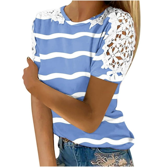 Birdeem Blouses pour Femmes Impression Manches Courtes Col Rond Chandail Dentelle Hauts Chemises Blouse