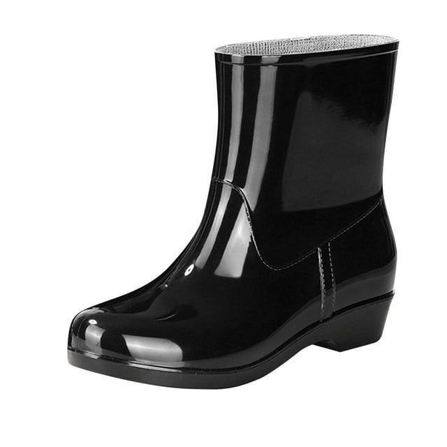 Women's Fashion Casual Cowhide Bottom Mid-Tube Spring And Summer New Style Work Rain Boots Black Size 6