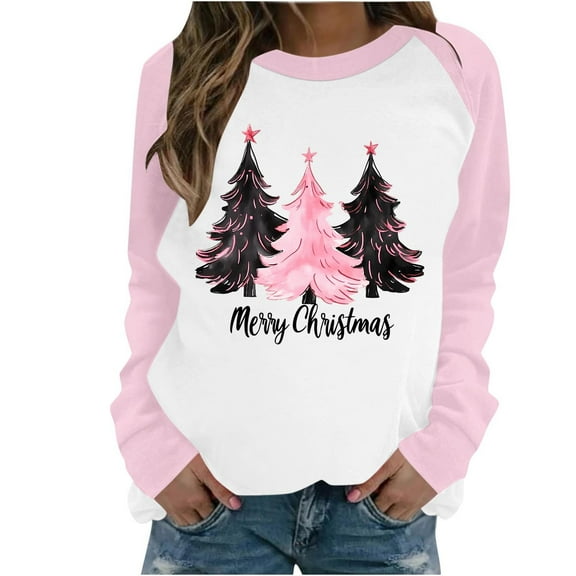 successthop Christmas Womens Sweatshirts Tree FLeece Plus Size Crewneck Long Sleeve Sweaters Pullover Top Print Clothes