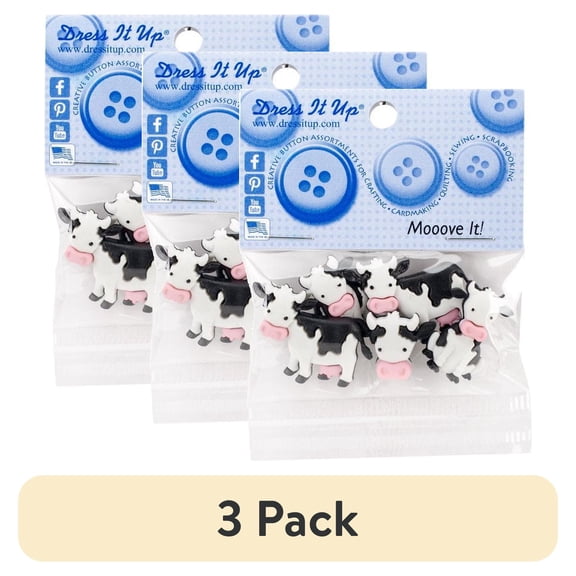 (3 pack) Dress It Up Buttons, "Mooove It!", Cow Craft & Sewing Fastener Buttons, Multi Color, 5 Pcs.