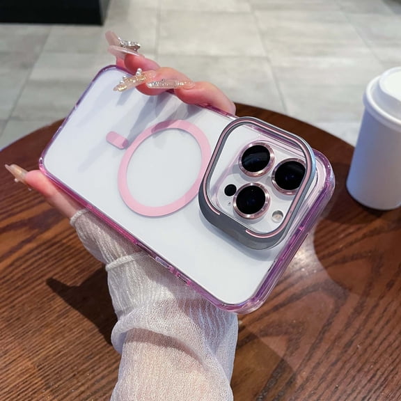 for iPhone 12 Pro Clear Case with Kickstand, Camera Lens Protector, Built-in Magnetic Ring Compatible with Mag-Safe, Drop Protection Transparent Slim Non-Slip Frosted Phone Cover, Pink