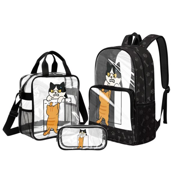 DISNIMO Cat Paw Print Clear Backpack, Heavy Duty PVC Bookbag 17 Inch 3 Piece Transparent Backpack with Lunch Box and Pencil Case, Back to School Gifts for Kids Girls