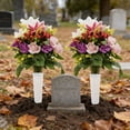 thumbnail image 3 of Cemetery Ground Insert Flowers, 17-Head Rose Bouquet with Ribbon, Memorial Grave Floral Decor, Artificial Flower Pick for Graveyard, Tomb, Garden & Tribute Use, 15.7*9.8in, B, 3 of 7