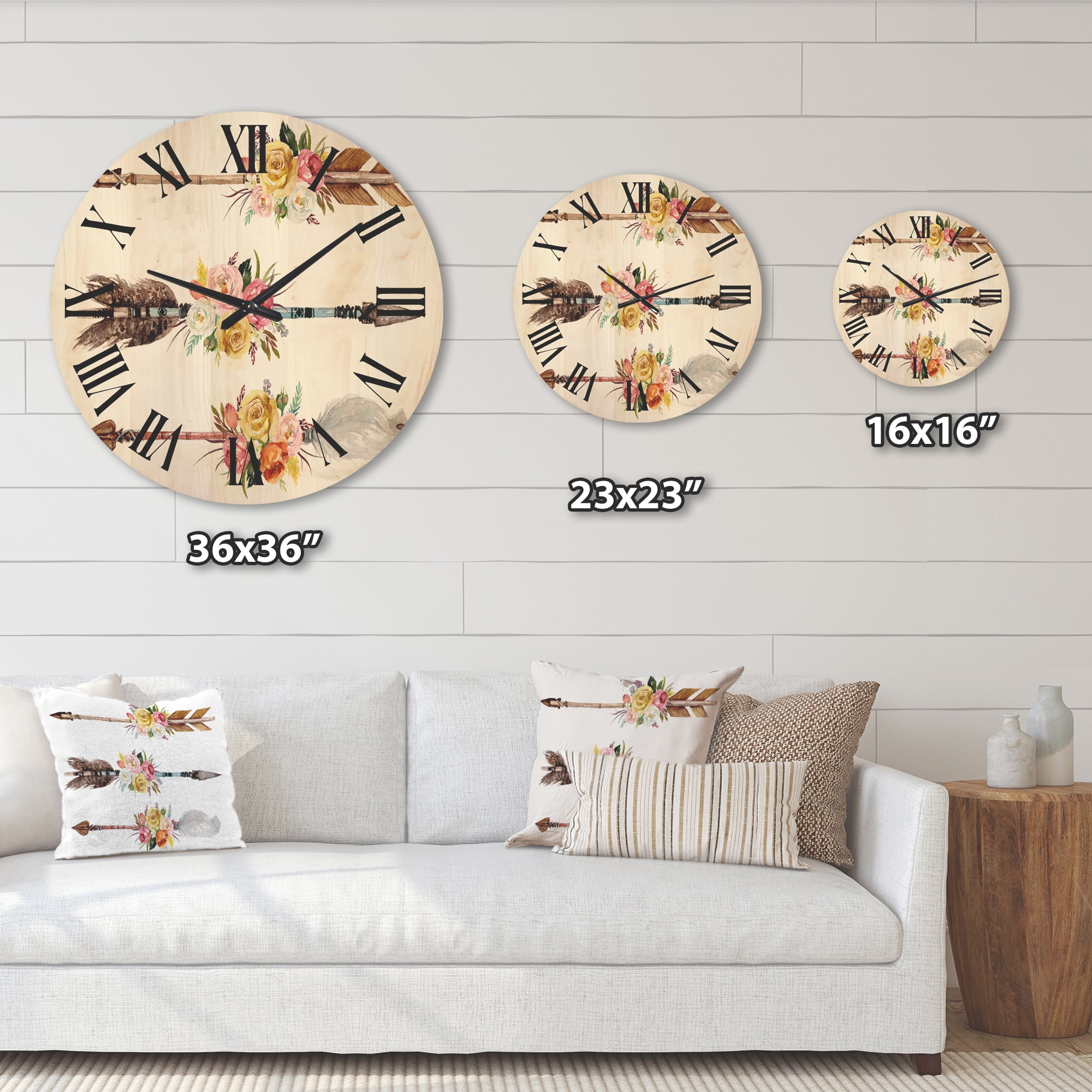 Designart 'Flowers and Ethnic Feathers On Native Arrows II' Bohemian & Eclectic Wood Wall Clock