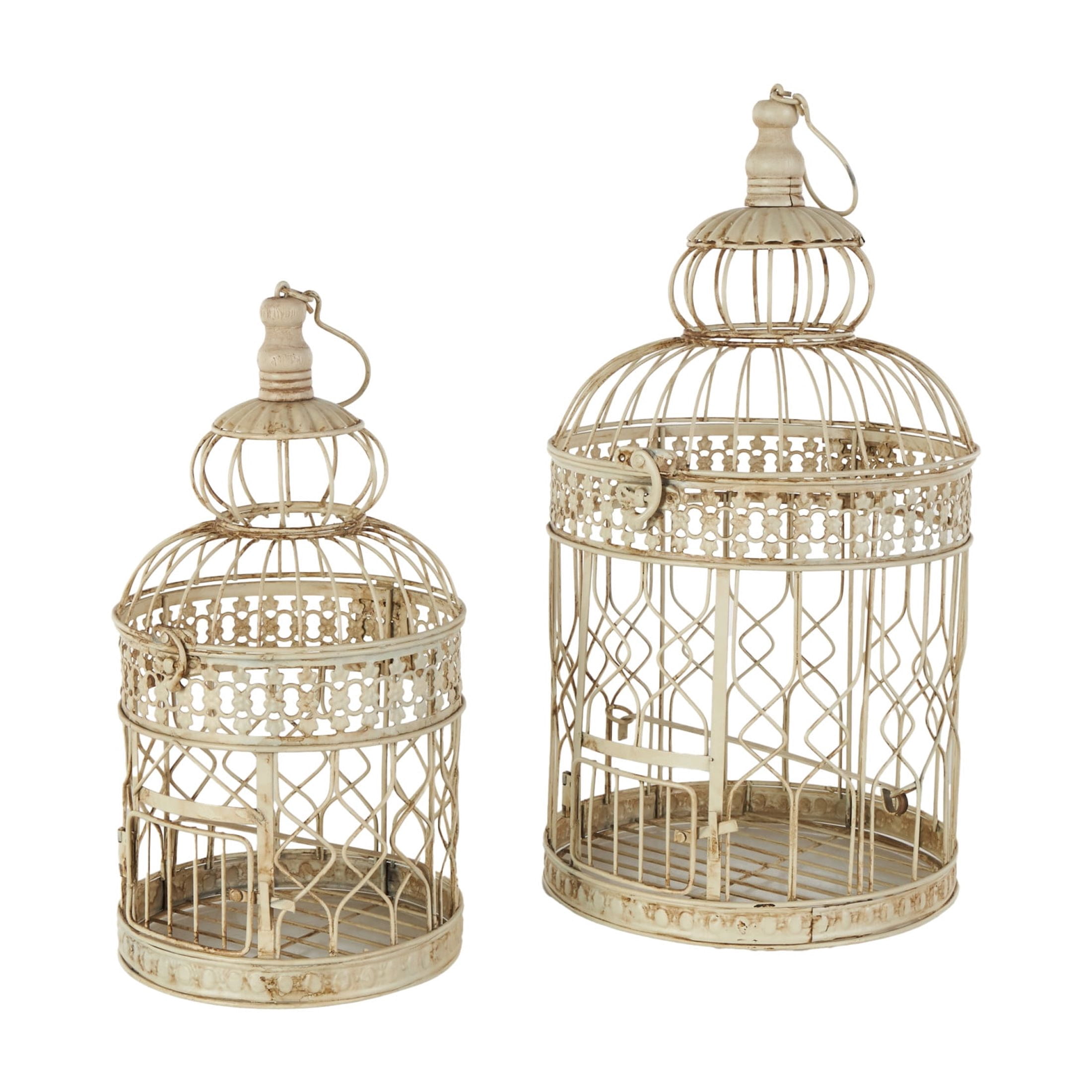 DecMode Hinged Top Cream Metal Birdcage with Latch Lock Closure and Hanging Hook, Set of 2
