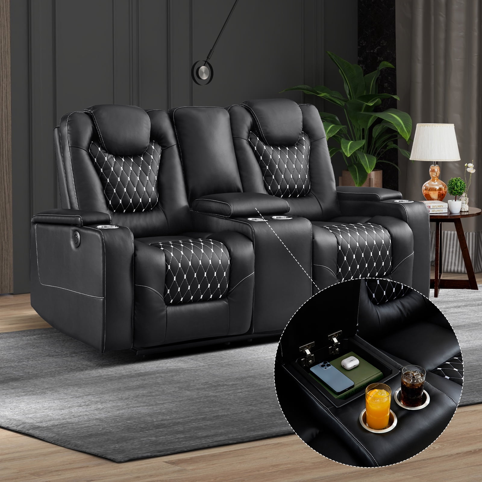 Bonzy Home Electric Power Recliner Sofa Set Theater Seating with Console Living Room Furniture Set, Cup Holders, Hidden Arm Storage, USB Ports, Black