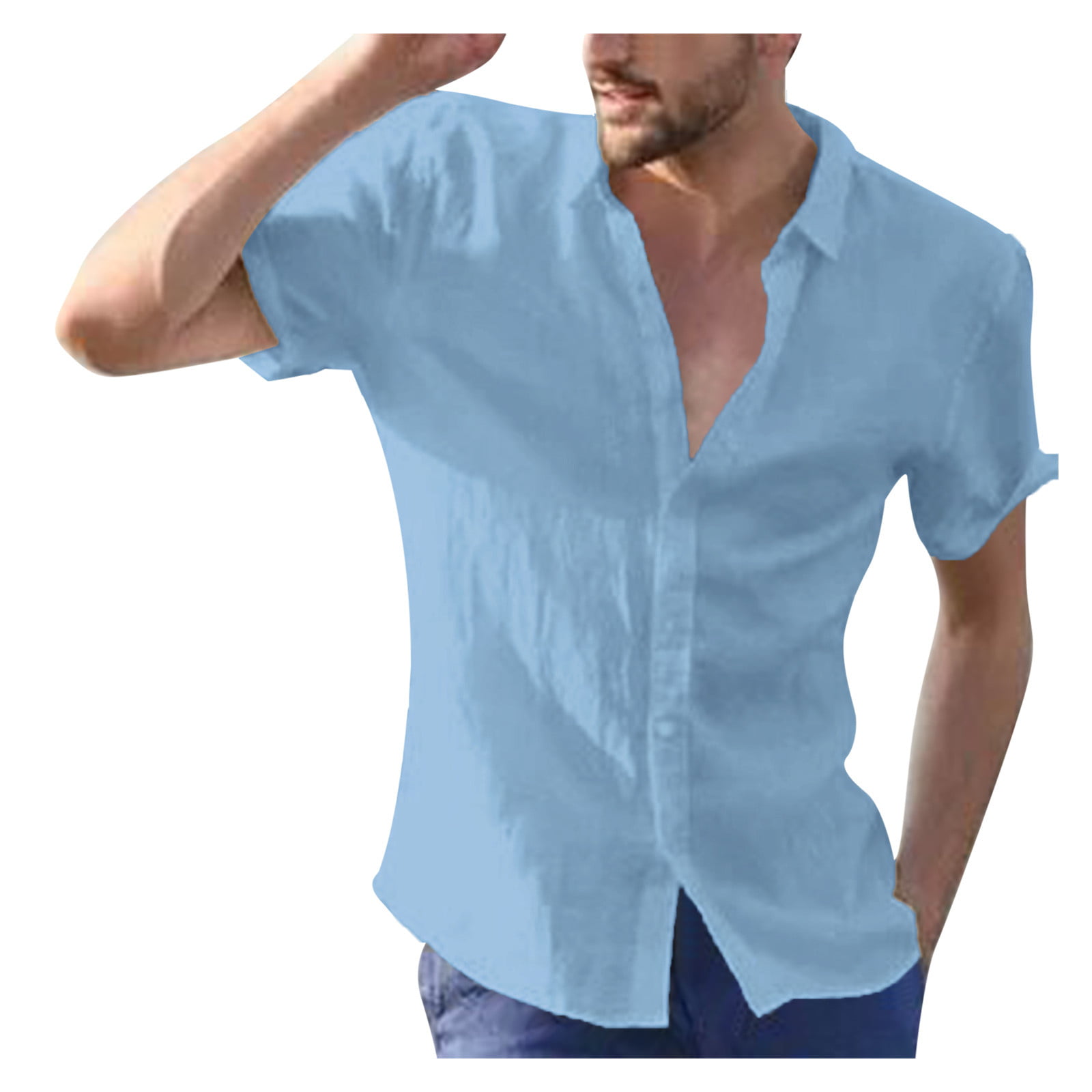 Summer Men Slim Shirt Plaid Print Fashion Lapel Casual Tops,Sky Blue,L,United States 