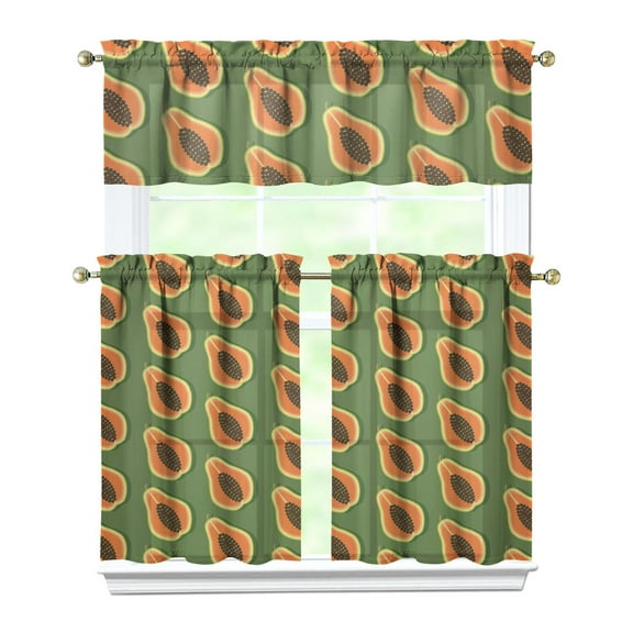 Kitchen Curtains 36 Inch Short - 3 Panel Set, Rod Pocket Window Curtain with Papaya Tropical Fruit Pattern, 100% Polyester for Farmhouse, Cafe, Kitchen, Living Room, Bedroom, Easy Wash