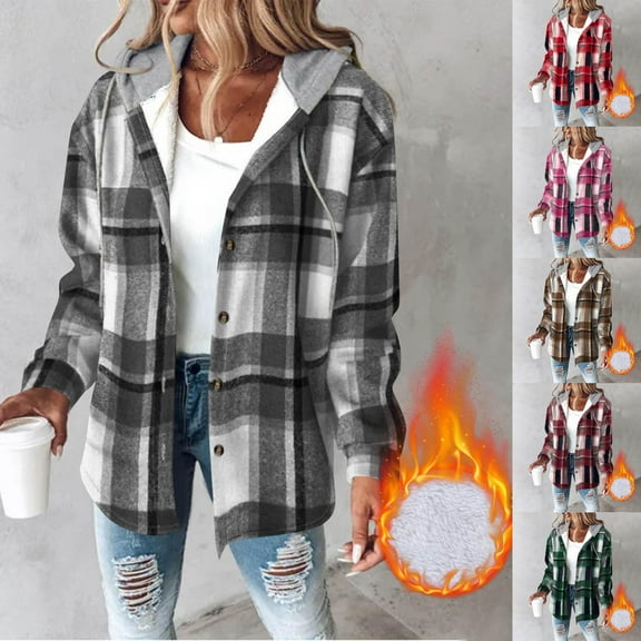 NSLGXD Women's Fashion Plaid Fleece Lined Shacket Jackets Thicken Sherpa Lined Long Sleeve Button Down Hooded Jacket Winter Warm Coats Women Plaid Shirts