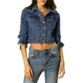 thumbnail image 6 of MODA NOVA Juniors Classic Long Sleeves Single Breasted Cropped Denim Jacket Dark Blue XS, 6 of 7