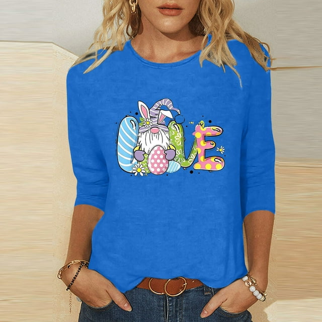 Xihbxyly Hauts Grande Taille pour Femmes Manches 3/4 T-shirt Imprimé Col Rond de Pâques Manches 3/4 Chandail Col Rond Cadeau de Vacances