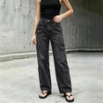thumbnail image 5 of LEAVINGSUO Straight Leg Cargo Jeans Trousers for Women Fashion High Waisted Pockets Solid Color Button Zipper Casual Denim Pants Black S, 5 of 7