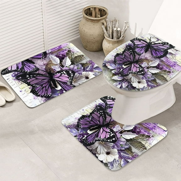 Bathroom Rugs Sets 3 Piece - Purple Butterfly Absorbent Non Slip Bath Mats, U-Shape Toilet Lid Cover, Contour Mat, Soft Washable Shower Mats Bath Rug Mat for Bathroom Tub Toilet