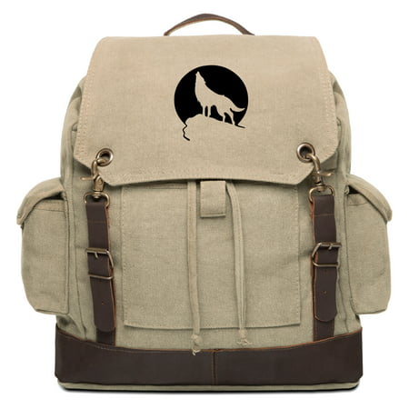 Howling Wolf Moon Vintage Canvas Rucksack Backpack with Leather (Best Hiking Packs 2019)